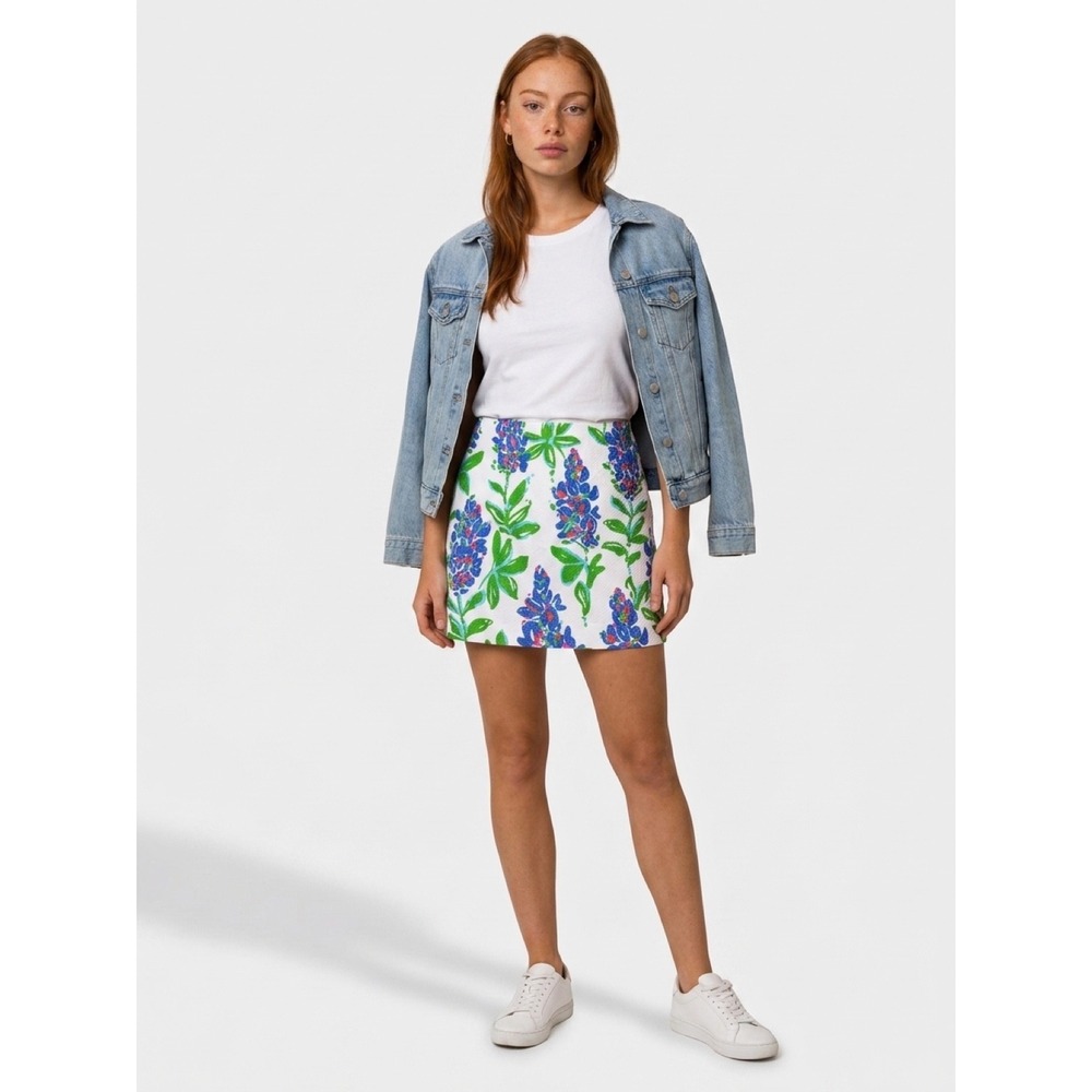 Lilly Pulitzer Blue Green Floral Pique Mini Skirt Size 4 White Preppy Resort